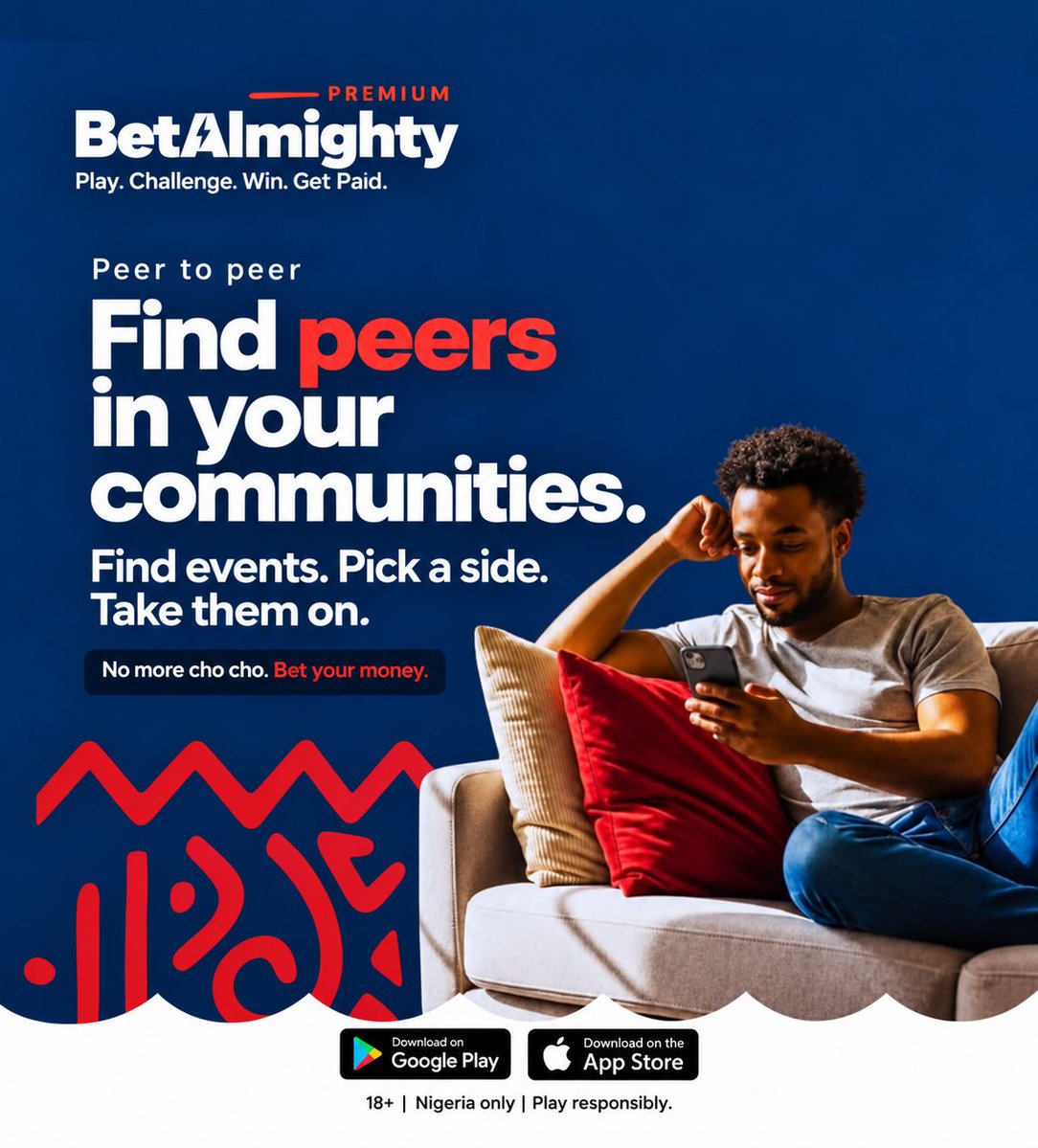 BetAlmighty_LTD's tweet photo. Your next challenge could be in your community.
Find a peer, pick an event, choose your side and put your stake on it.
No more cho cho. ⚡
Download BetAlmighty Premium on Google Play or the App Store.
18+ | Nigeria only | Play responsibly.
#BetAlmighty #OneOnOne #P2PBetting https://t.co/CVoPNow0wR