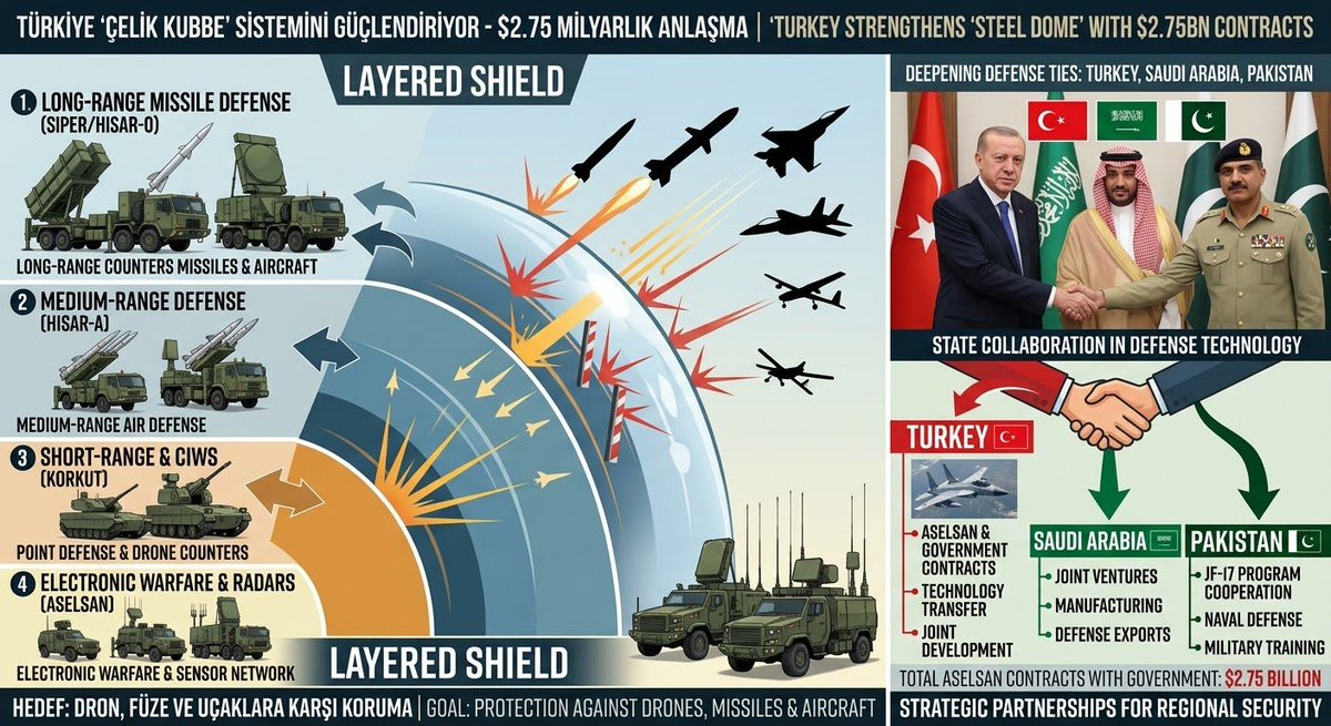 DiamondNews001's tweet photo. 🇹🇷🇸🇦🇵🇰 Turkey is spending big on its air defenses.

Aselsan has signed $2.75 billion in contracts with the Turkish government to expand the Steel Dome network.

The goal is a layered shield combining radars, electronic warfare and different systems to counter drones, missiles and aircraft.

What stands out is the bigger picture: Turkey is also deepening defense ties with Saudi Arabia and Pakistan.
