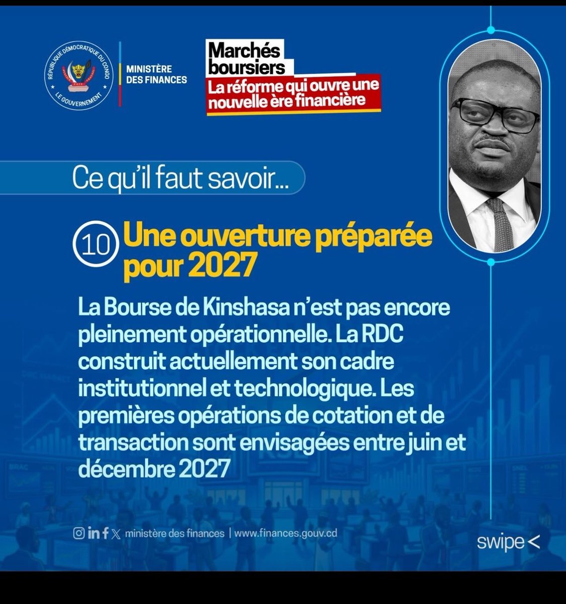 OlivierDomyBey1's tweet photo. 🚨 MARCHÉS FINANCIERS | L'ouverture de la Bourse de Kinshasa est annoncée pour 2027.
Le gouvernement finalise actuellement le cadre réglementaire et technologique. Premières opérations attendues au 2nd semestre 2027.
Une réforme clé pour l'attractivité économique de la RDC. 🇨🇩
@LikundeR
#RDC #Bourse