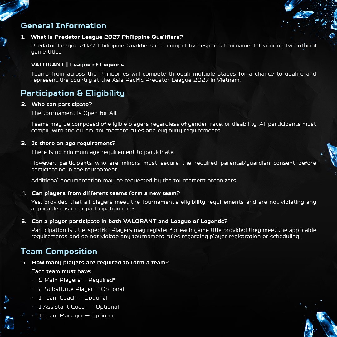 predatorph's tweet photo. Get battle-ready with the Predator League PH FAQs and find everything you need to know—from eligibility and team requirements to the tournament format and the road to Vietnam.

#PredatorGaming #ItLiesWithin #IntelGaming #RiseBeyondLimits https://t.co/0PR0LaYLwS