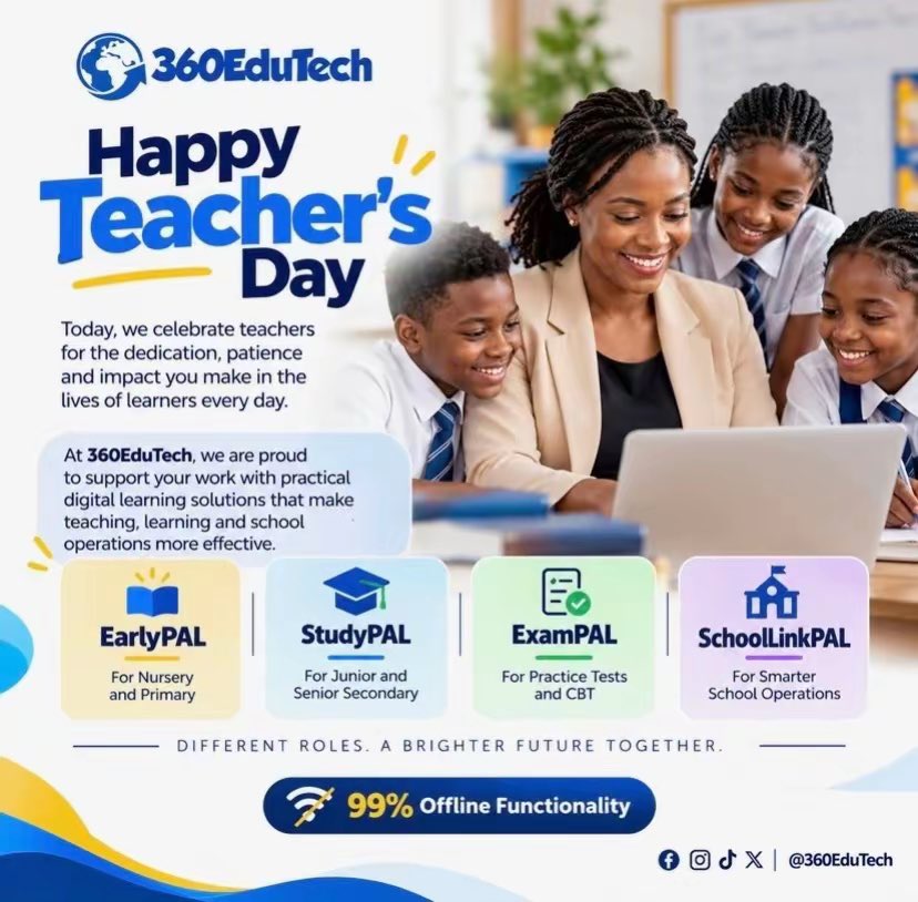 360EduTechNG's tweet photo. Happy Teacher’s Day to the educators who inspire, guide and shape the future every day.

At 360EduTech, we celebrate your impact and remain committed to supporting teaching and learning with practical digital solutions designed for learners, teachers and schools. https://t.co/Hclhx0tzhi