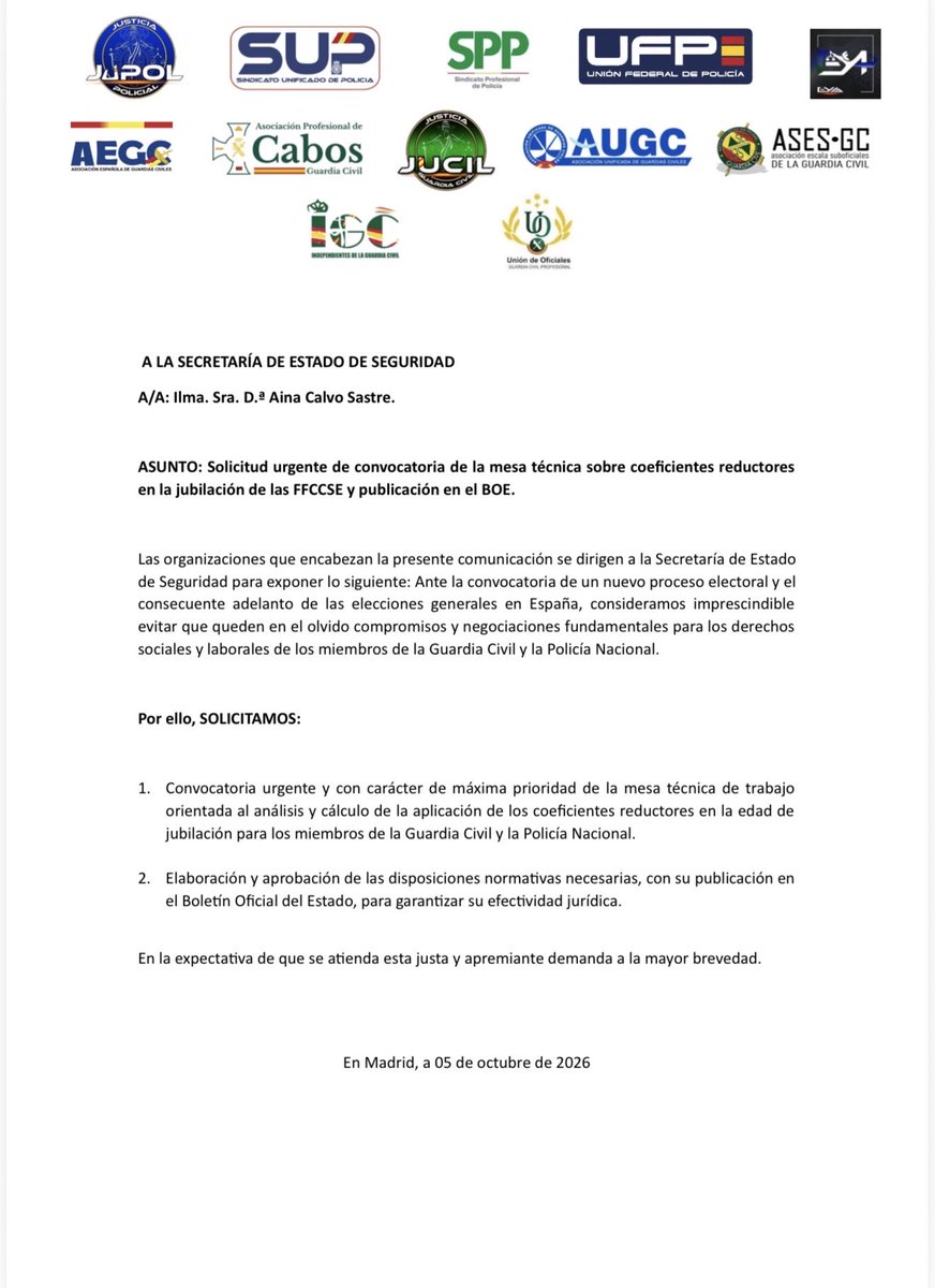AUGC_Comunica's tweet photo. 🚨 JUBILACIÓN DIGNA: YA NO HAY EXCUSAS

Las organizaciones representativas de la Guardia Civil y la Policía Nacional exigimos a la Secretaría de Estado de Seguridad:

➡️ Convocatoria urgente de la mesa técnica sobre los coeficientes reductores.
➡️ Aprobación de la normativa necesaria.
➡️ Publicación en el BOE.

La jubilación digna no puede quedar paralizada por unas elecciones.

Queremos hechos, no más promesas.

#JubilaciónDignaYa #ProfesiónDeRiesgo #GuardiaCivil #PolicíaNacional