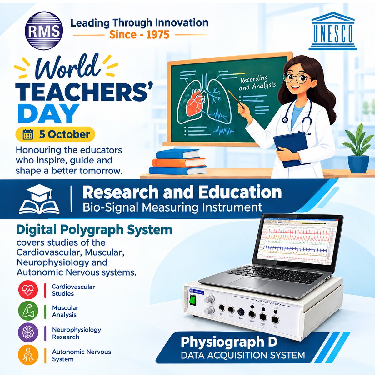 INDIA_RMS's tweet photo. On #World #Teachers’ #Day, we honour the #educators who #inspire, #guide & #shape a better tomorrow. #Digital #Polygraph #System enables #recording & #analysis of #physiological #signals, supporting advanced #learning & #research across #multiple disciplines.
#WorldTeachersDay https://t.co/YKfUR9aO5d