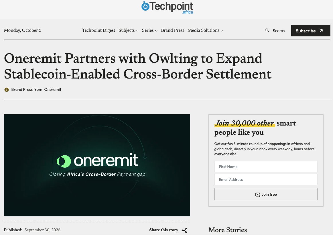 OwlTing's tweet photo. Sent Monday, landed Wednesday. That's the gap Nigerian importers paying suppliers in China have had to plan around.

@Oneremit_ integrated OwlPay to shorten it, and explains how in a piece on @TechpointAfrica, the Lagos-based publication covering startups and tech across Africa. Stablecoin settlement runs in the background, and customers never have to touch it.

"The technology is the delivery mechanism. The product is reliability," says Oneremit CEO Hammed Afenifere.

$OWLS 

https://t.co/NYCfIzzpuw