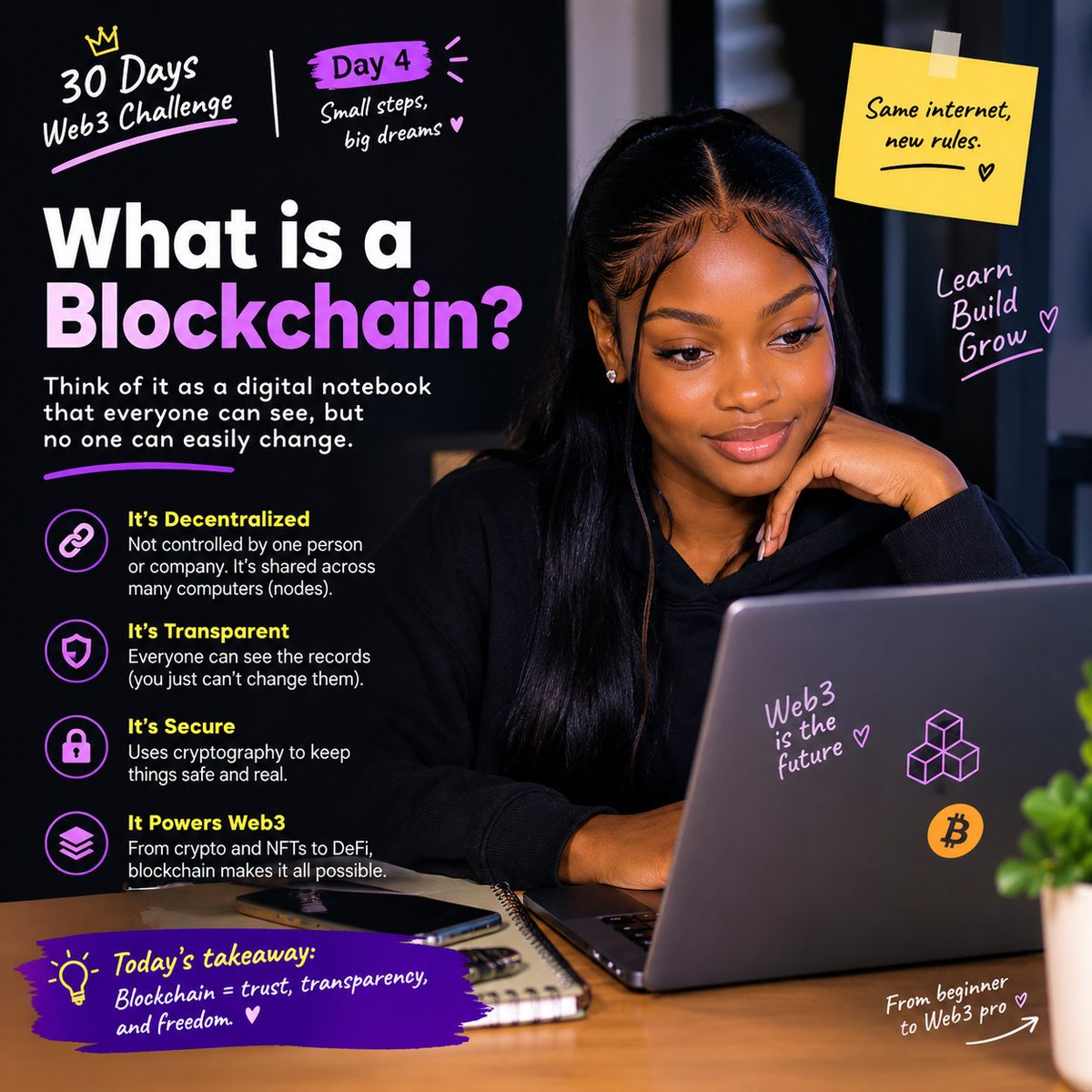 Giftinweb3's tweet photo. Day 4 of my Web3 journey.

Today I’m learning about blockchain the technology that powers much of Web3.

I’m still a beginner, but I’m learning one concept at a time.

If you could teach a beginner ONE thing about Web3, what would it be? https://t.co/oJcCl7a13A