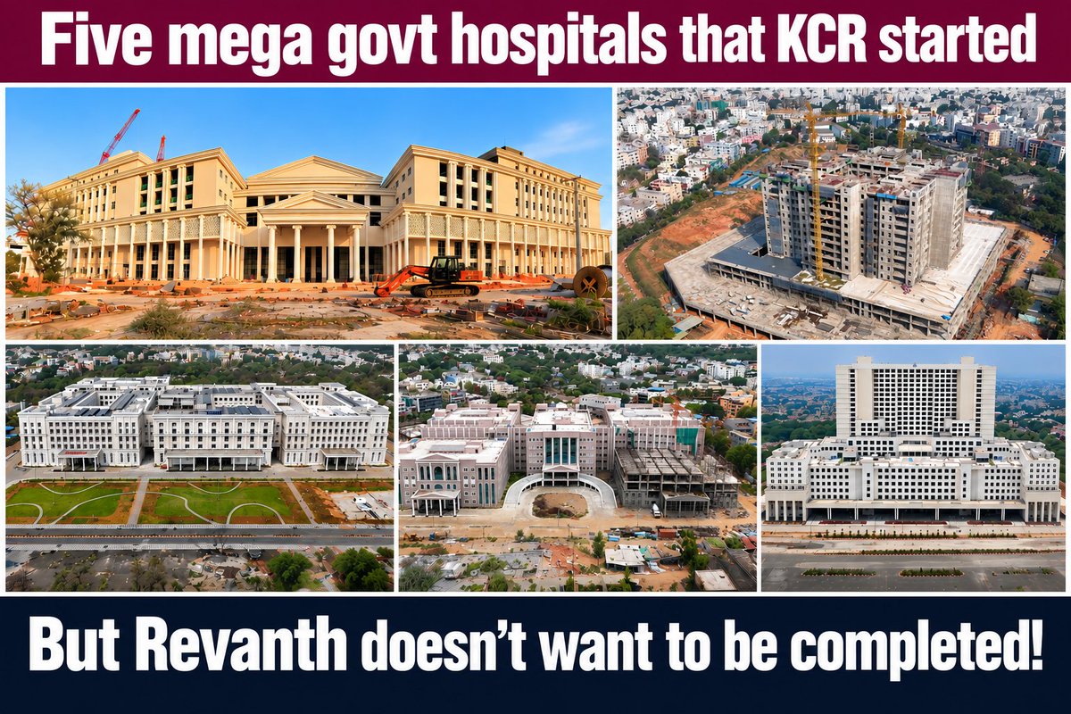 KonathamDileep's tweet photo. We all remember how several nations experienced shortage of beds and other health infra during Covid pandemic.
KCR, the then Chief Minister of Telangana wanted to prevent such a scenario in future and immediately took up massive expansion of healthcare facilities in the state.
- A massive 2400 beds super specialty hospital in Warangal
- 3 Super Specialty 1000 Beds TIMS hospitals in Hyderabad (Sanathnagar, Alwal, LB Nagar)
- Mahabubnagar Govt Super Specialty Hospital - 1000 Beds
- 2000 Beds NIMS Dasabdi Block.
However, after Revanth took over, the construction of these hospitals is moving at snails pace.
At the same time, Medicover Hospitals, a private super specialty hospitals group controlled by his family has grown by leaps and bounds, and is recently valued at Rs 13,500 Crores.
No wonder Revanth Reddy doesnt want these 6 Government Super Specialty Hospitals, with a total bed capacity of 8400, to be launched any time soon.
(Photos of five of the six hospitals started by KCR Govt)