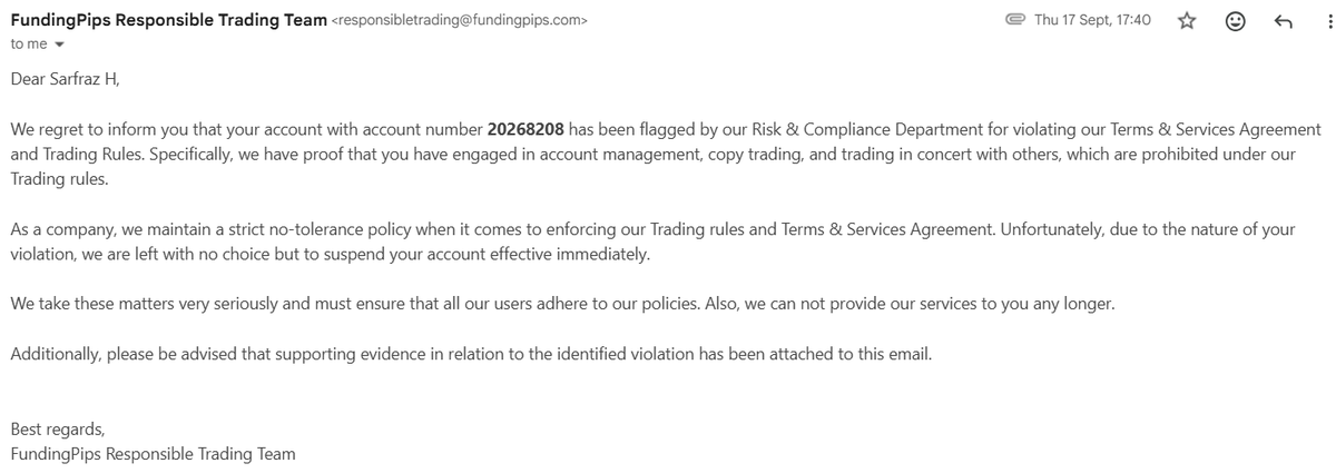 An email from 'FundingPips Responsible Trading Team' to 'Sarfraz H' notifying him that his account (number 20268208) has been suspended for violating trading rules including account management and copy trading.