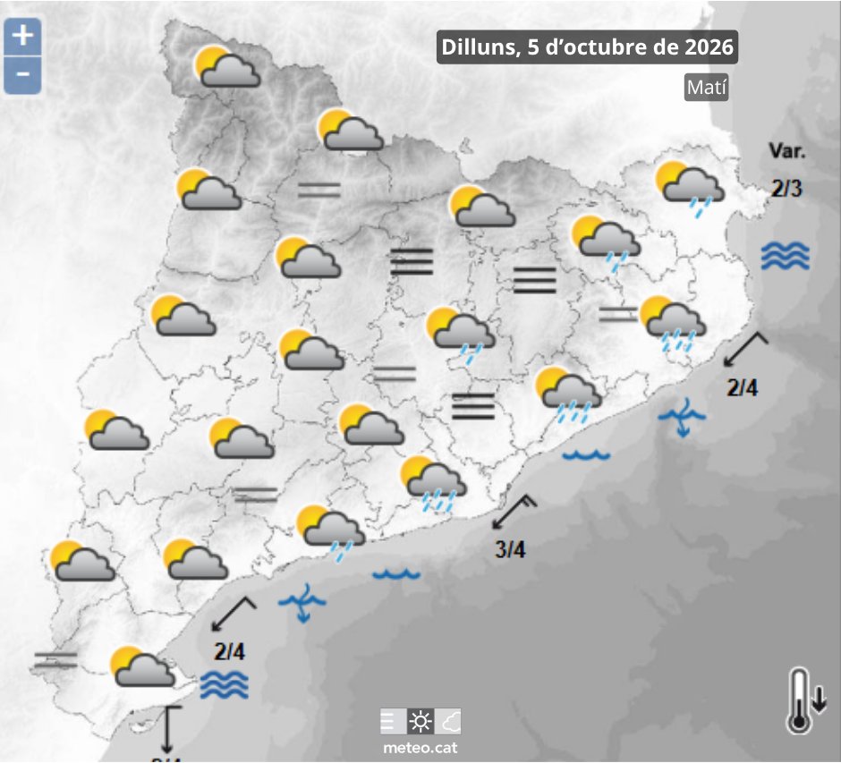 meteocat's tweet photo. ☔️ Tarda de dilluns amb inestabilitat acusada, sobretot a la meitat est del país. Els ruixats i xàfecs poden descarregar amb intensitat torrencial. 

Trobareu tots els detalls a la nostra web! https://t.co/IdiNNF2Dlx