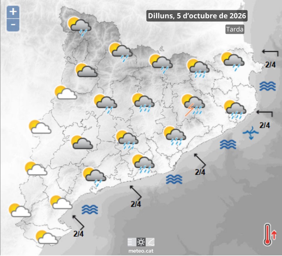 meteocat's tweet photo. ☔️ Tarda de dilluns amb inestabilitat acusada, sobretot a la meitat est del país. Els ruixats i xàfecs poden descarregar amb intensitat torrencial. 

Trobareu tots els detalls a la nostra web! https://t.co/IdiNNF2Dlx