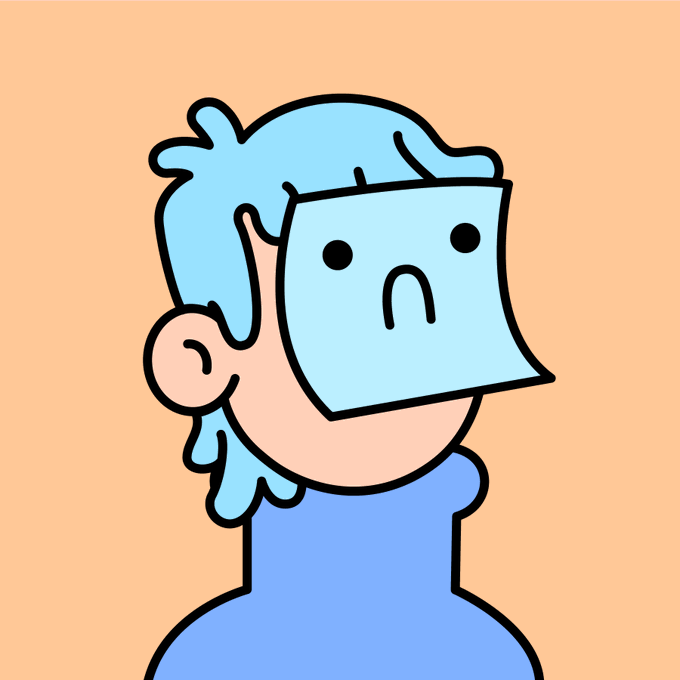 A simple cartoon illustration of a person with light blue hair wearing a blue shirt, with a blue rectangular graphic covering their face featuring a sad frowning face.
