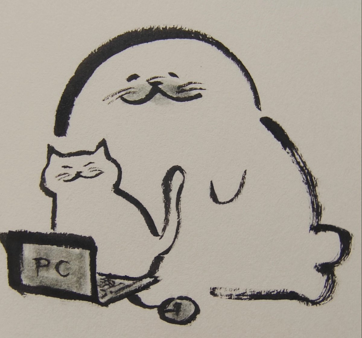 jissunboshi96's tweet photo. ネコに仕事の邪魔をされるアザラシを描きました。 https://t.co/JCFHmlkUqP