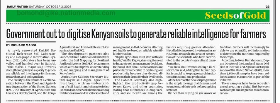 FAOKenya's tweet photo. Kenya is moving towards smarter, data-driven agriculture. Through United States Government funded #SoilFer project farmers will gain access to reliable soil information to guide soil fertility management, boost productivity, & food security. https://t.co/4smsKnK8Hp