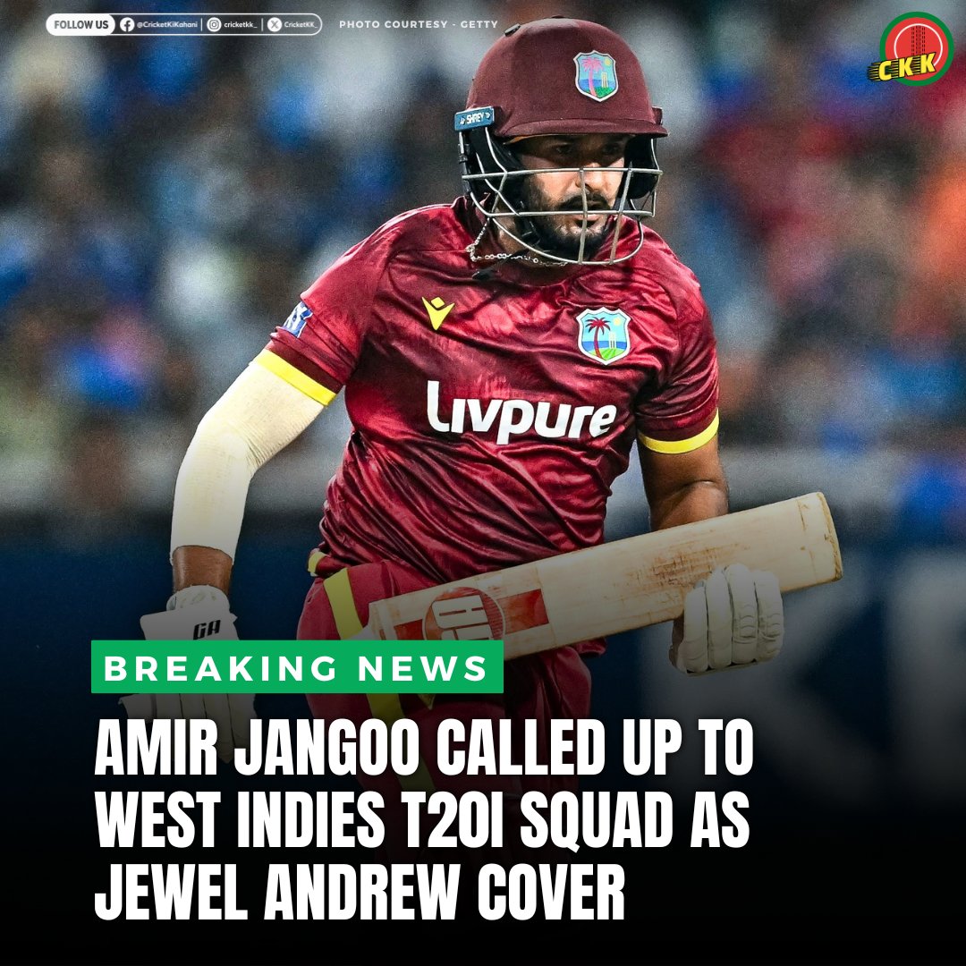 CricketKK_'s tweet photo. 🌴🚨 Reward for a brilliant ODI campaign! 👏
Amir Jangoo has been added to the West Indies T20I squad for the series against India after an outstanding run in the ODIs 🌟🔥
Well deserved! 💯
#CricketWithCKK #INDvWI #AmirJangoo https://t.co/zIUk5fVNoh