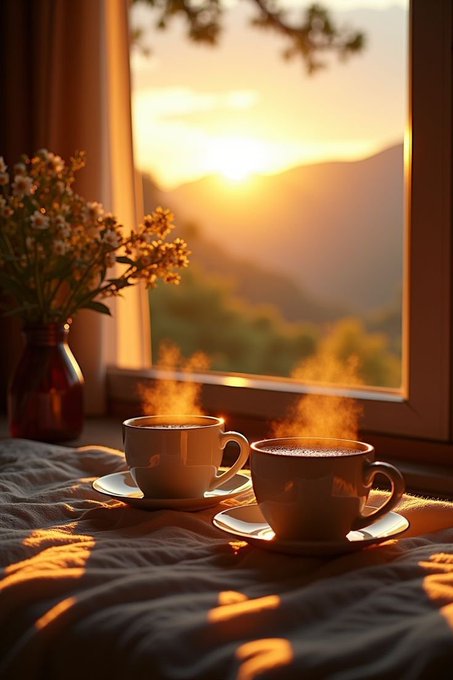Two steaming cups of coffee sit on saucers on a bed next to a vase of flowers, with a window revealing a golden sunset over mountains in the distance.