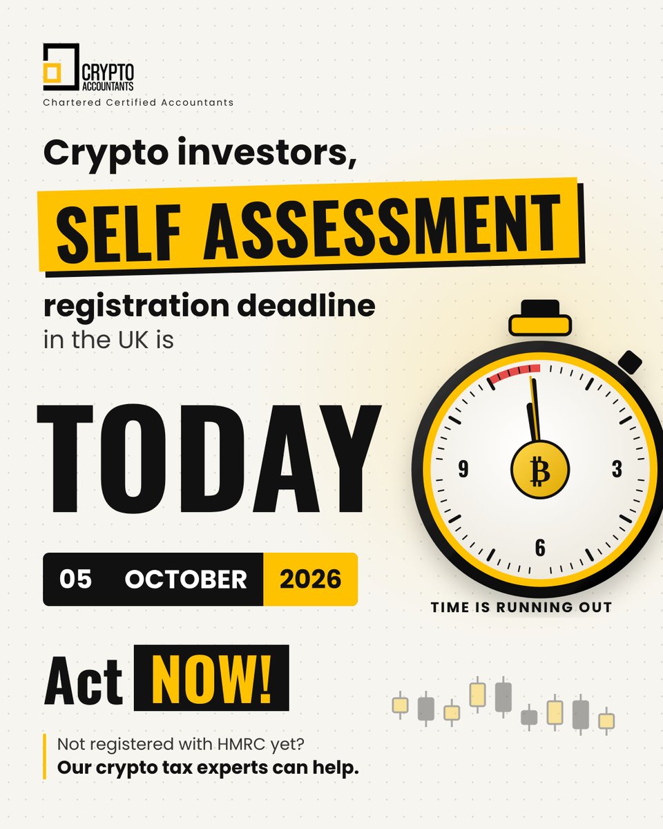 CryptoAccUK's tweet photo. Self Assessment registration closes today. ⏰
Crypto gains in 2025/26? Don't wait for an HMRC penalty to find out you needed to register. ⚠️
Reply or DM us now, and we will point you in the right direction. 📩
#CryptoTax #SelfAssessment https://t.co/tjC6XBvIIa