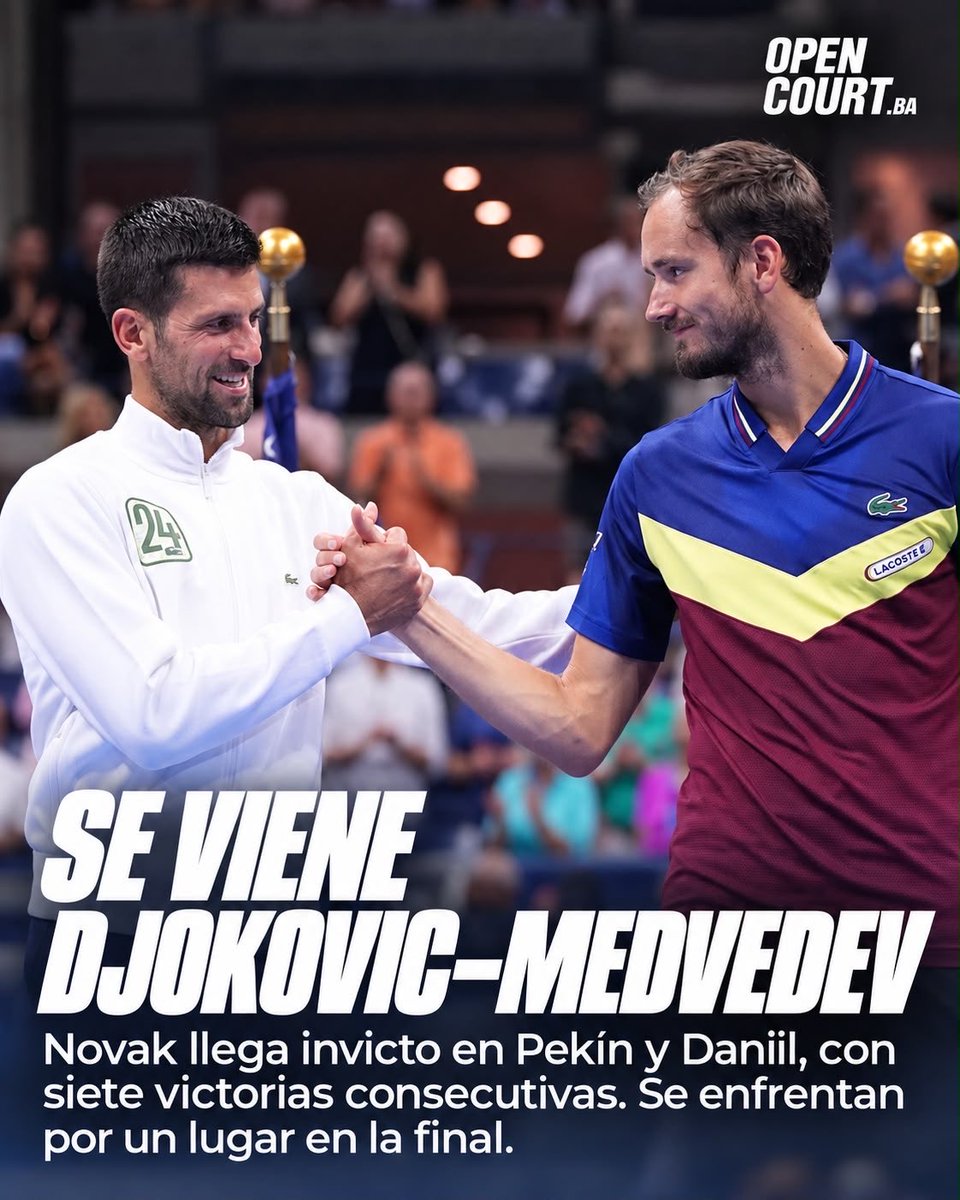 OpenCourtBA's tweet photo. Novak Djokovic y Daniil Medvedev vuelven a cruzarse, esta vez por un lugar en la final de Pekín.

Nole sigue invicto en el torneo y ya suma 32 victorias consecutivas en china.
Del otro lado, Daniil aterriza en semifinales con siete triunfos al hilo y en un muy buen momento. https://t.co/8KQEWPnGOV
