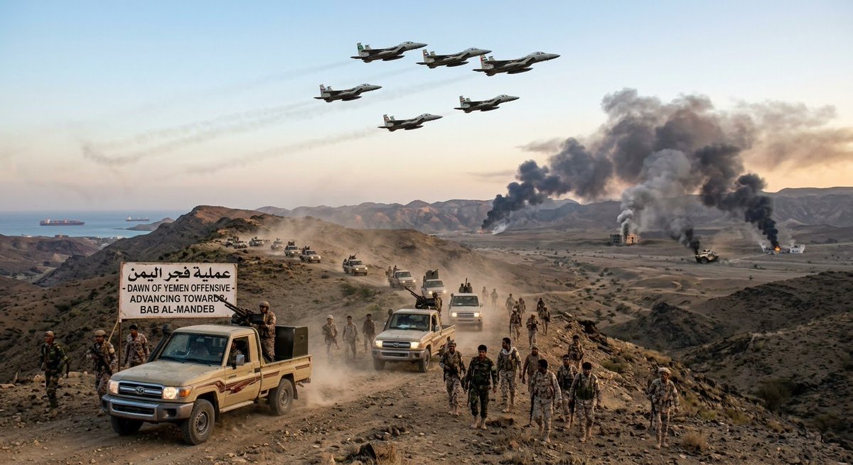 DiamondNews001's tweet photo. 🇸🇦🇾🇪 Yemen is entering another dangerous phase.

Saudi-backed government forces have launched “Dawn of Yemen” against the Houthis, with 100 coalition fighter jets reportedly supporting the offensive.

The coalition says 324 high-value targets have been destroyed, while government forces claim advances around Bab al-Mandeb.

The bigger question now is how far this offensive goes.
