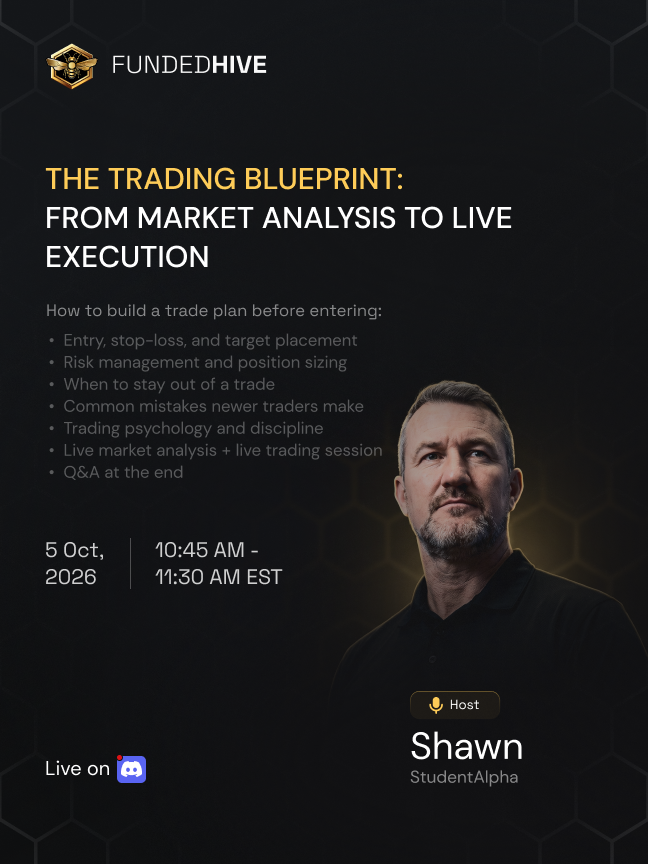 FundedHive's tweet photo. From analysis to execution see how a real trade plan comes together. 📈🐝

Join Shawn (StudentAlpha) live for entries, stop-losses, targets, risk management, trading psychology, and live market analysis. 🔥

📅 5 October 2026 | ⏰ 10:45 AM–11:30 AM EST | 📍 Live on Discord

Come prepared to learn, ask questions, and sharpen your process before your next trade.

Join our discord 🐝
https://t.co/tEZnqgXzKO