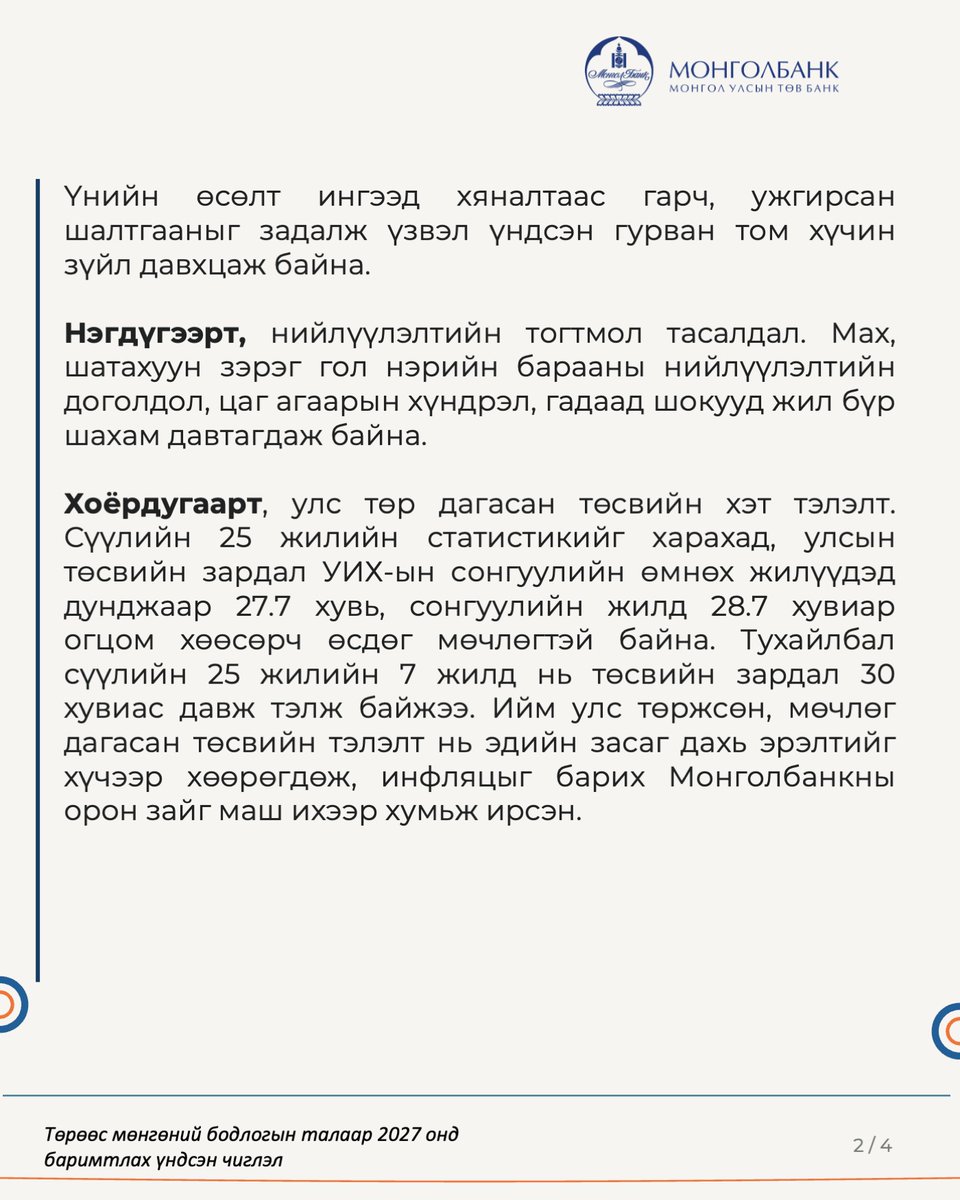 Mongolbank_mn's tweet photo. Монголбанкны Ерөнхийлөгч С.Наранцогтын "Өдрийн сонин"-ы 2026.10.02-ны өдрийн Баасан гарагийн №183 (8035) дугаарт өгсөн ярилцлагыг бүрэн эхээр нь https://t.co/1IOoyH43iF -ээс уншина уу...
#Монголбанк | #BankofMongolia | #BoM https://t.co/JXg8ikAOSD
