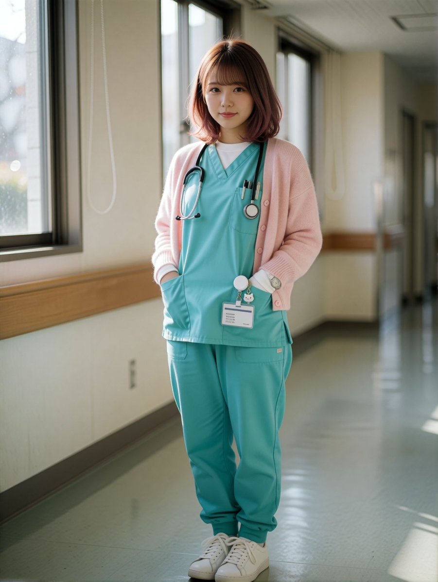 uta_nekosui's tweet photo. 本物の看護師さんが着てるスクラブで組んでみたよ🩺

まひるちゃん（@mahiru_dayon）はネズミ色、令奈さん（@reina_matcha）は羽織りなしでシンプルに。
いつも頑張ってる看護師さんに、ありがとうをこめて。

#唄の衣装部屋 をつけて投稿してね（引用でもうれしいな）
プロンプトはリプに置いておくよ👇（コピペOK）