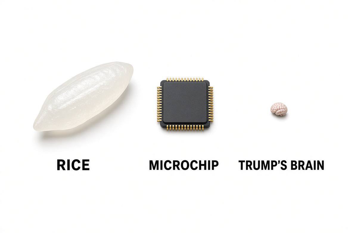 IranembTun's tweet photo. Rice: a grain.
Microchip: smaller than a grain.
Trump’s brain: somehow still losing. https://t.co/dIdsCtIUoA