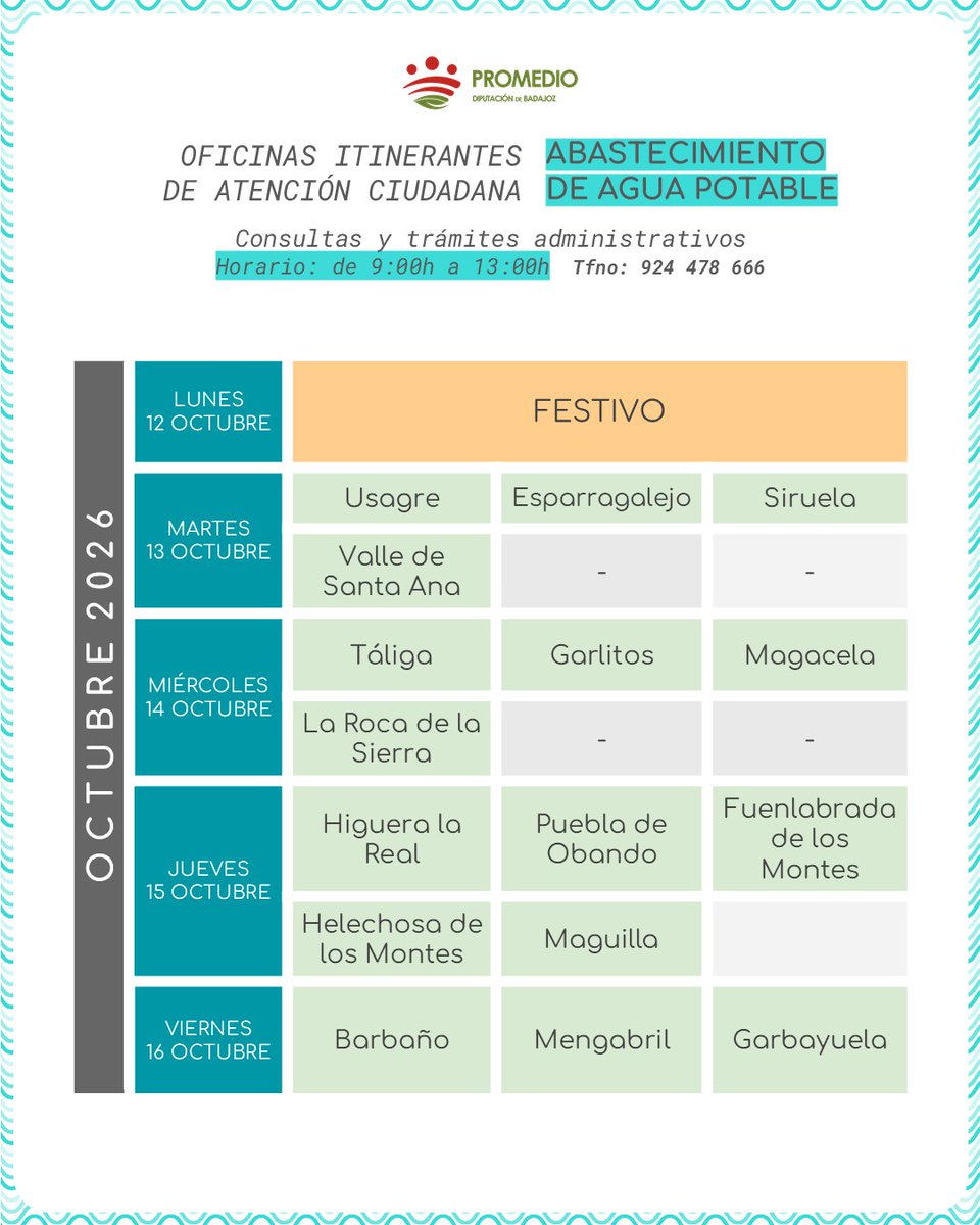 PromedioBadajoz's tweet photo. 🗓️ Calendario de oficinas itinerantes del servicio de abastecimiento para la próxima semana.
💧 Trámites y consultas sobre #TuAgua.
📍 Si buscas una oficina fija, sigue este enlace: https://t.co/xgAOcsd7U1

#ATuServicio @DipdeBadajoz https://t.co/Al1mxEiIY4