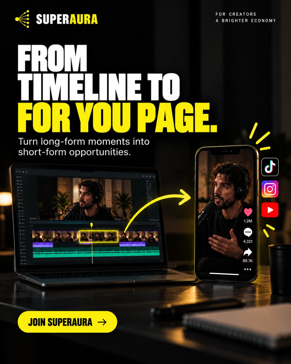 SuperAuraApp's tweet photo. Every great short starts somewhere. 🎬

Turn standout moments from long-form content into engaging clips built for new audiences.

SuperAura connects creators and clippers to take great content further.

From timeline to For You Page. ⚡ https://t.co/95wr78ZyaZ