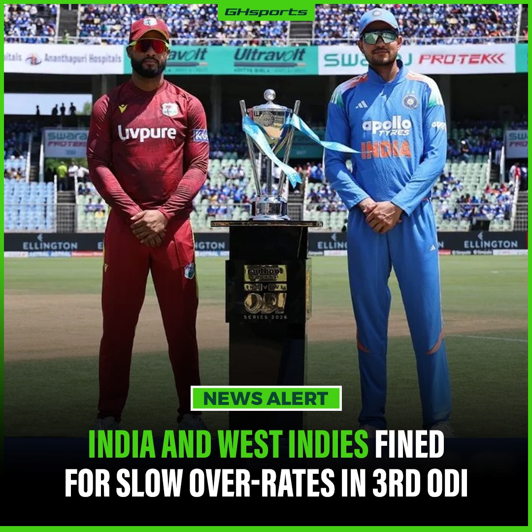 GHSports_'s tweet photo. ICC FINES INDIA & WEST INDIES FOR SLOW OVER-RATES! 🇮🇳🚨🌴
Both teams penalized following the 3rd ODI in New Chandigarh:
🇮🇳 India fined 20% match fee (4 overs short)
🌴 West Indies fined 10% match fee (2 overs short)
#INDvWI #ICC #cricketnews #ICCFined #cricketupdates https://t.co/yPZEYn70H6