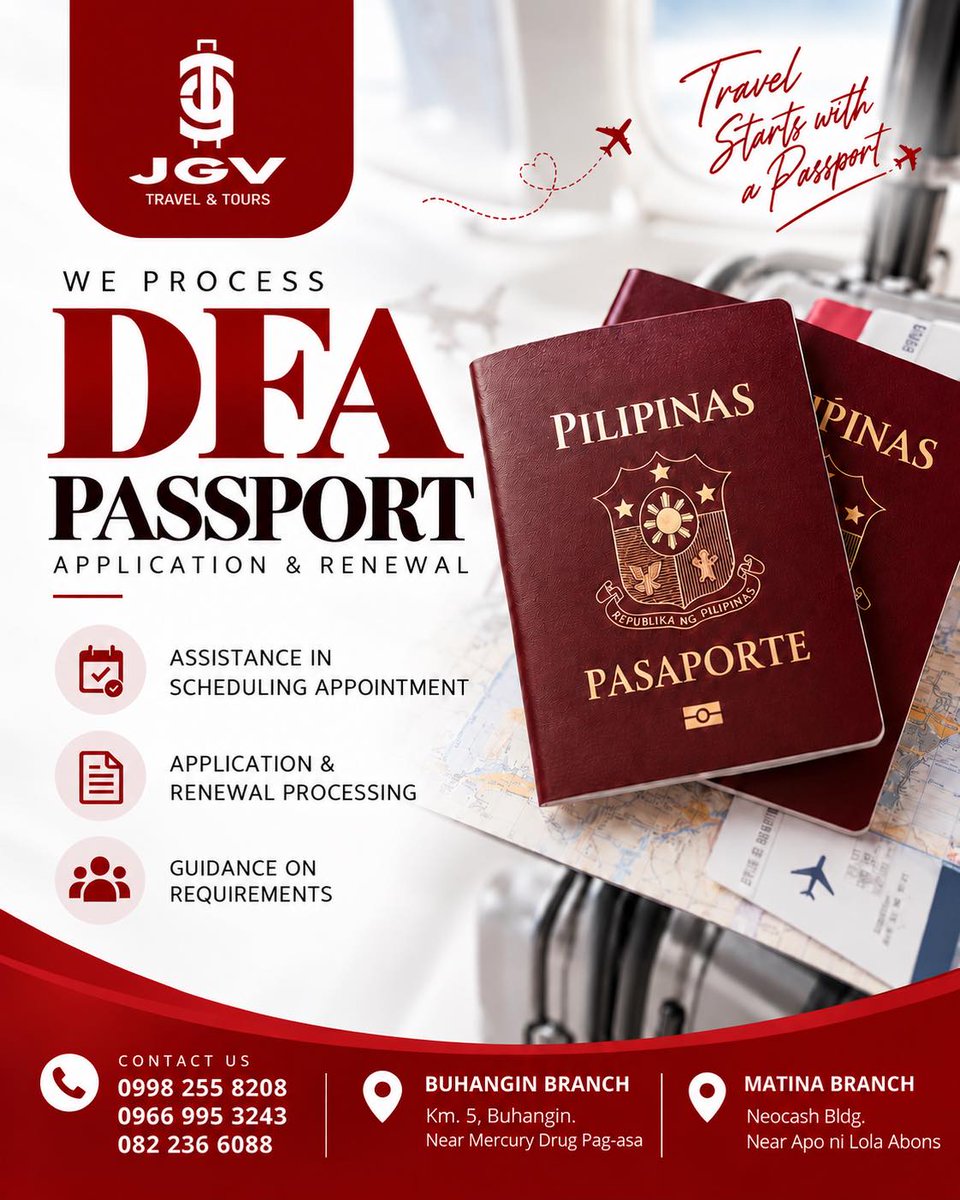 ramakio's tweet photo. Travel starts with a passport. JGV Travel &amp; Tours assists with DFA passport appointments, applications, renewals, and requirements. Visit our Buhangin or Matina branch. Your next journey begins here. https://t.co/Io0BQXIm25