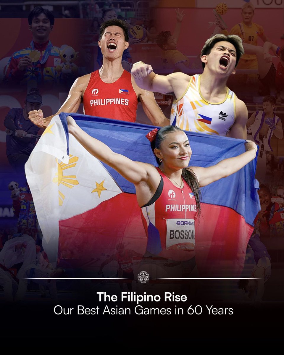 TourismPHL's tweet photo. THE FILIPINO RISE 🇵🇭

29 medals. Our biggest Asian Games haul in six decades. 🏅

Behind every medal is a Filipino who trained endlessly for our flag. Behind every near-miss is one who trained just as hard.

Mabuhay ang mga atletang Pinoy!

#DiscoverMoreToLove
#LoveThePhilippines
#PinoyPride