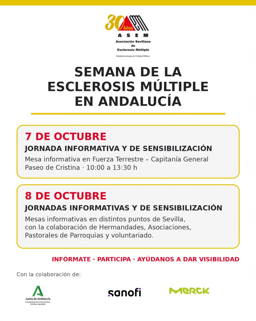 ASEM_SEVILLA's tweet photo. 𝐉𝐨𝐫𝐧𝐚𝐝𝐚𝐬 𝐈𝐧𝐟𝐨𝐫𝐦𝐚𝐭𝐢𝐯𝐚𝐬 𝐲 𝐝𝐞 𝐒𝐞𝐧𝐬𝐢𝐛𝐢𝐥𝐢𝐳𝐚𝐜𝐢ó𝐧
organizadas por @ASEM_SEVILLA
@SanofiES @merck_es @IgualdadAND
#25añosAsem #SemanadelaEsclerosisMultiple #esclerosismultiple #ASEM #esclerosismultipelsevilla #TúLesPuedesAyudar #unidosporlaem https://t.co/yoiXjyHT4E