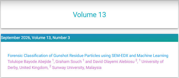 mlaijjournal's tweet photo. Current Issue:
September 2026, Volume 13, Number 3
Machine Learning and Applications: An International Journal (MLAIJ) 
https://t.co/t9gkJG8rrK
https://t.co/Q29LlcW8FF
Forensic Classification of Gunshot Residue Particles using SEM-EDX and Machine Learning
https://t.co/8SgMwbwtAs https://t.co/5RHKrCbTDz