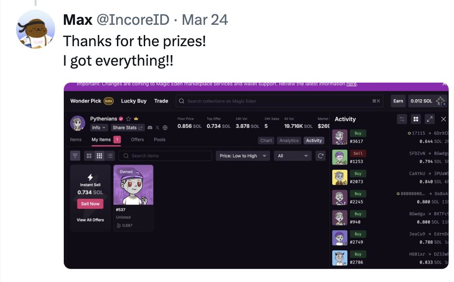 IncoreID's tweet photo. Ngl, I procrastinated on buying my own NFT for a couple of months. Then March 2026 hits: I spot the "FOGO MYSTERY BOXES" raffle by @0xstryke inside the Fogo community, enter, and actually win one.

Guess the ecosystem chose me. Been a proud Pythenian ever since 🔮 https://t.co/rf9UI7Lh4s