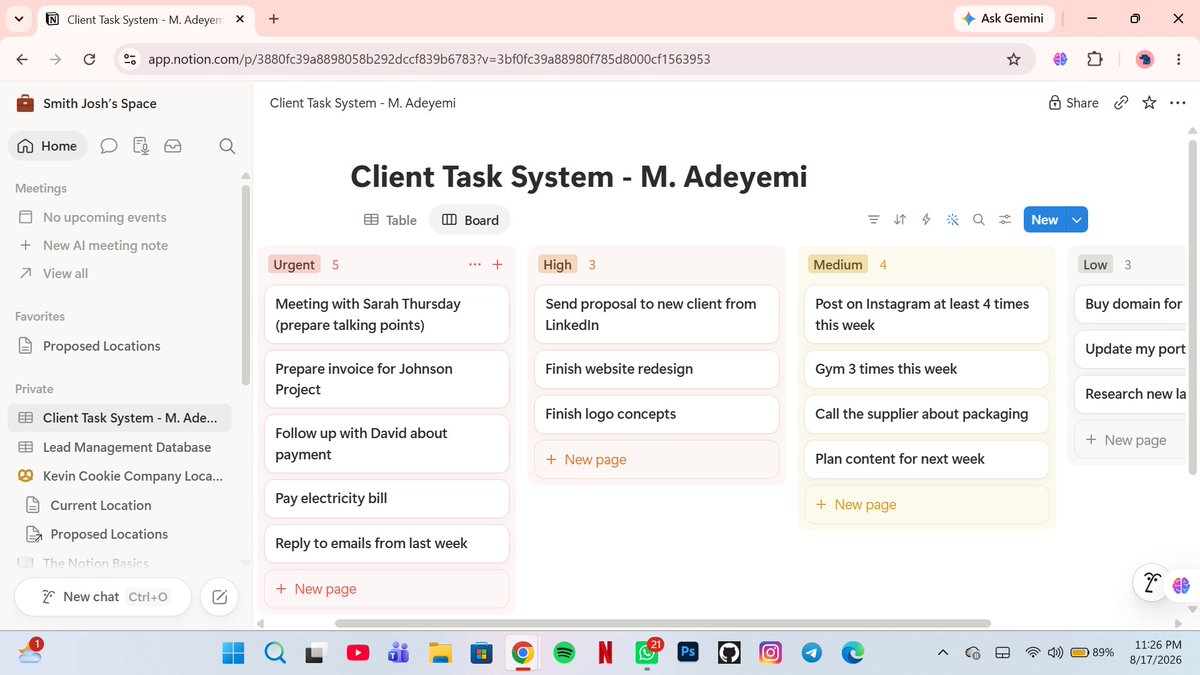 ChrisJoshua_VA's tweet photo. 📋 Sample project: Notion client task system
Requests come in → I log them on a board by priority. Each task has a status, deadline and owner, so nothing slips.
One board shows what's done, what's next and what's urgent.
#Notion #VirtualAssistant #AdminVA #Productivity #HireAVA https://t.co/IPXKjOqlCu