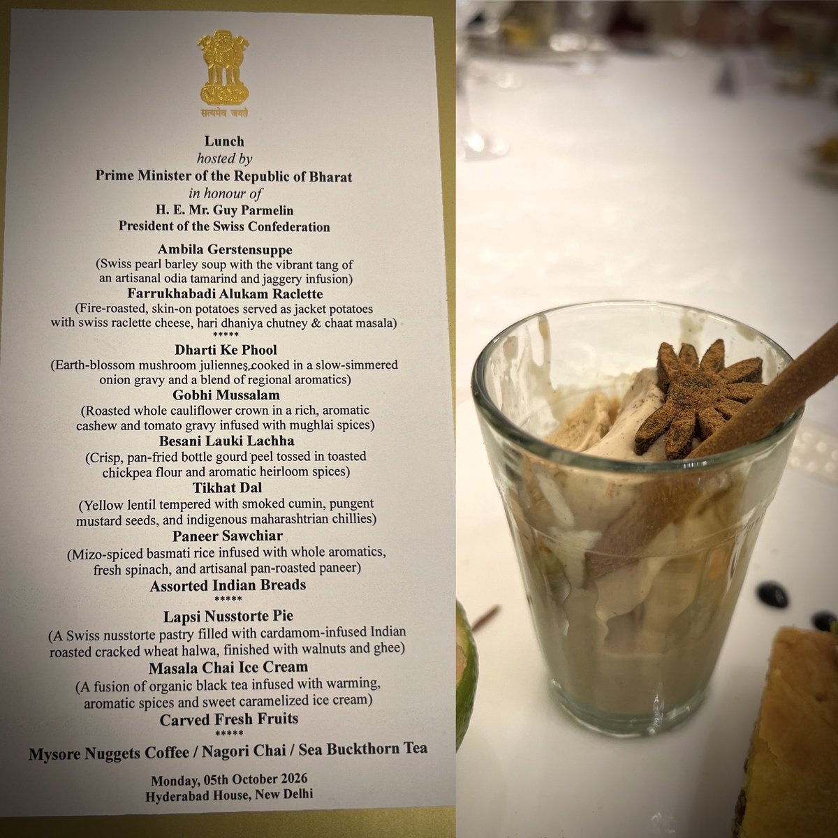 ShivAroor's tweet photo. Nothing mediocre at the PM’s superb lunch  for the visiting Swiss President—I hugely enjoyed every bit of it, except the lauki which I carefully avoided.

Standout dish: the masala chai ice cream. Total win. https://t.co/anu53paiGa
