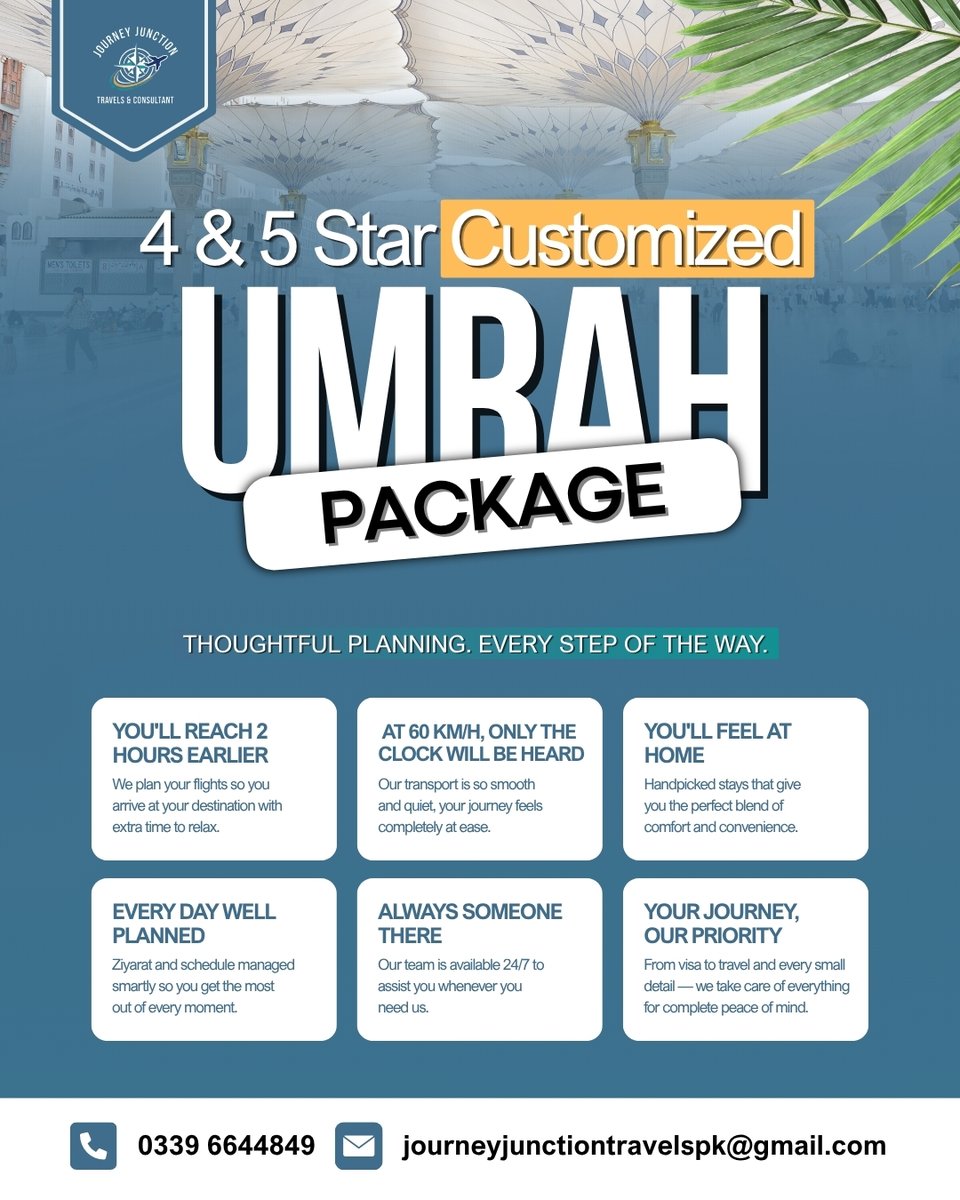 rubasaed's tweet photo. Experience Umrah in comfort with tailored 4-star and 5-star packages from Journey Junction Travels &amp; Consultant. Thoughtful planning for every step of your sacred journey. Book your customized package today. https://t.co/K8T8ZaPNlp