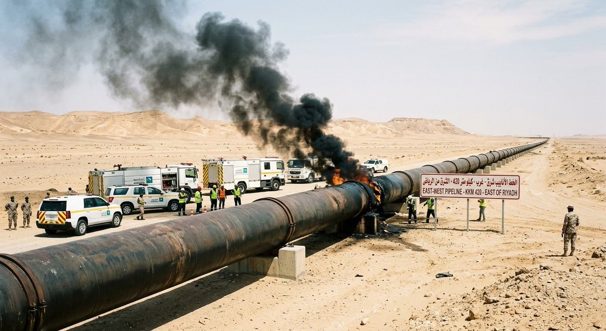 DiamondNews001's tweet photo. 🇸🇦🇾🇪 This is becoming a serious problem for Saudi Arabia’s oil infrastructure.

The East-West pipeline has reportedly been halted again after another attack near Khurais, east of Riyadh.

The Houthis had claimed attacks on Aramco facilities in the area.

What stands out to me is that this pipeline had only recently resumed operations.