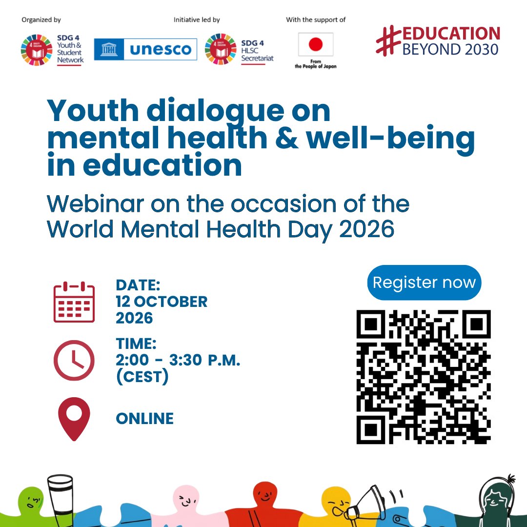 Education2030UN's tweet photo. 📣 Register now: Youth dialogue on mental health & well-being in education

On the occasion of World Mental Health Day, young people from around the world will come together to share their experiences and discuss mental health and well-being in education during an online dialogue.

🗣️ Join the conversation and help amplify youth voices
📅 12 October 2026
🕒 2.00 – 3.30 p.m. (CEST)
🔗 Information and registration: https://t.co/FeoNRDgVaw

Organized by the SDG 4 Youth & Student Network.
#EducationBeyond2030 #LeadingSDG4
