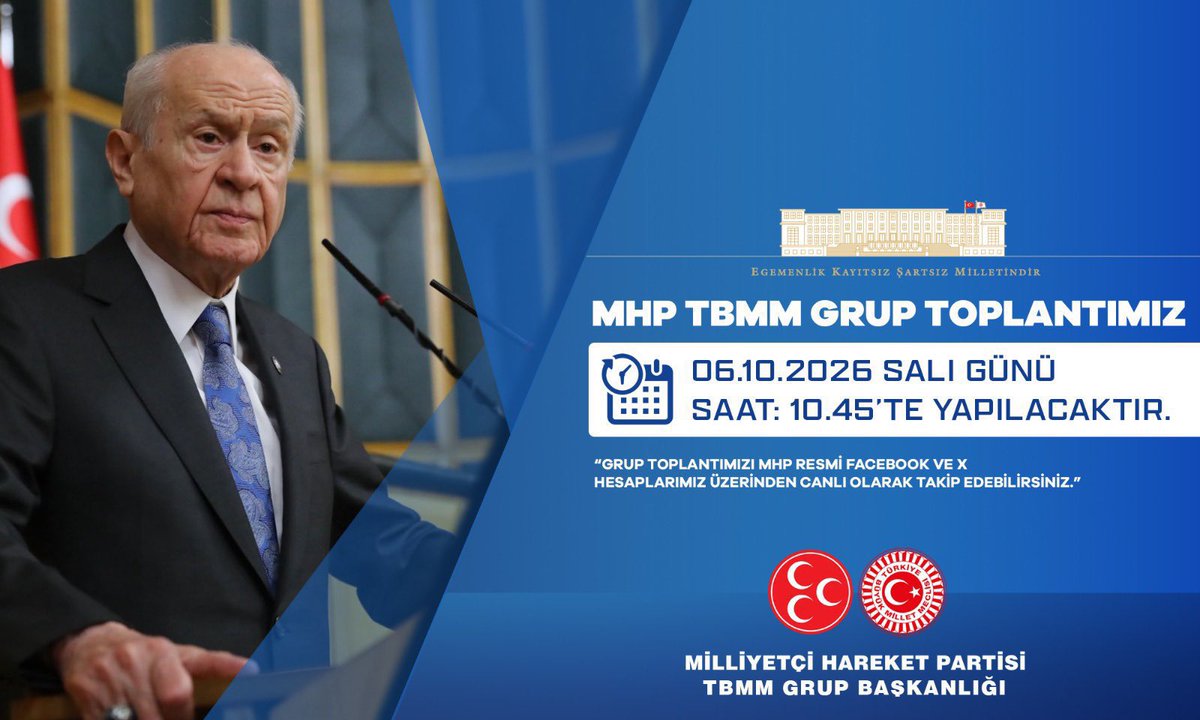 Aalparslandogan's tweet photo. MHP TBMM Grup Toplantımız #06Ekim2026 Salı günü (Yarın) Saat:10.45'te yapılacaktır.

MHP TBMM GRUP BAŞKANLIĞI https://t.co/FmWCOLOpOz