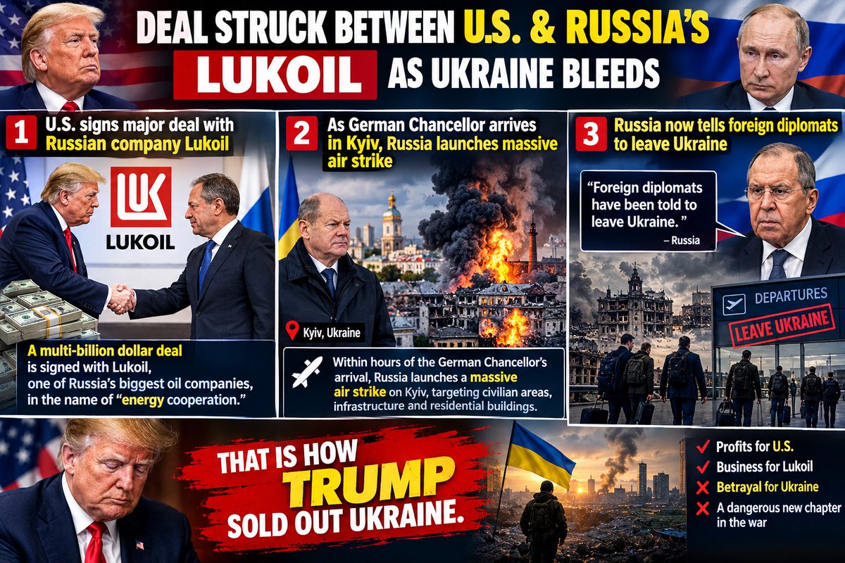 mishrayash17's tweet photo. A deal is struck between US &amp; Russia company Lukoil. Today,as soon as German Chancellor arrived in Kyiv,Russia launched massive air strike on #Kyiv. now,#Ukraine has bluntly told foreign  #DiplomatsLeaveUkraine.That's how #TrumpSoldOutUkraine.
#LukoilDeal #Russia #TrumpPutinDeal https://t.co/Q7bxne9rsp