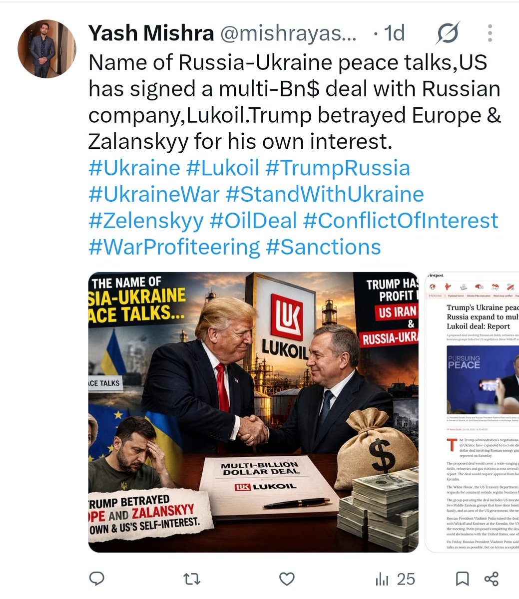 mishrayash17's tweet photo. A deal is struck between US &amp; Russia company Lukoil. Today,as soon as German Chancellor arrived in Kyiv,Russia launched massive air strike on #Kyiv. now,#Ukraine has bluntly told foreign  #DiplomatsLeaveUkraine.That's how #TrumpSoldOutUkraine.
#LukoilDeal #Russia #TrumpPutinDeal https://t.co/Q7bxne9rsp