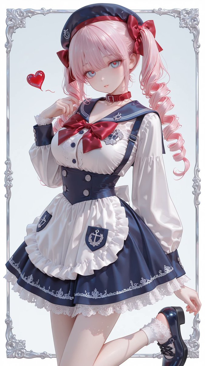 AliceLavli's tweet photo. セーラー風メイドドレスの衣装プロンプトをどうぞ✨
Navy blue sailor inspired pinafore dress with a fitted double breasted bodice, small silver buttons, broad shoulder straps, a heart shaped silver buckle at the waist, crisp white puff sleeve blouse with a high collar and lace trimmed cuffs, bright red neck bow with long pointed tails, pale blue gray gathered apron panel with a ruffled edge and a red heart applique, short flared navy skirt with white floral embroidery along the hem and a layered white lace petticoat, navy cuffs with thin red piping and tiny red bow accents, dark navy beret with a vivid red band and small white embroidered emblem, white ankle socks with scalloped lace tops, glossy navy Mary Jane shoes with rounded toes and narrow straps