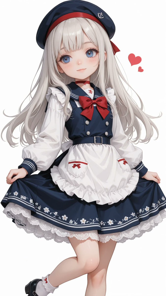 AliceLavli's tweet photo. セーラー風メイドドレスの衣装プロンプトをどうぞ✨
Navy blue sailor inspired pinafore dress with a fitted double breasted bodice, small silver buttons, broad shoulder straps, a heart shaped silver buckle at the waist, crisp white puff sleeve blouse with a high collar and lace trimmed cuffs, bright red neck bow with long pointed tails, pale blue gray gathered apron panel with a ruffled edge and a red heart applique, short flared navy skirt with white floral embroidery along the hem and a layered white lace petticoat, navy cuffs with thin red piping and tiny red bow accents, dark navy beret with a vivid red band and small white embroidered emblem, white ankle socks with scalloped lace tops, glossy navy Mary Jane shoes with rounded toes and narrow straps