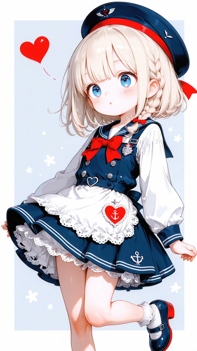 AliceLavli's tweet photo. セーラー風メイドドレスの衣装プロンプトをどうぞ✨
Navy blue sailor inspired pinafore dress with a fitted double breasted bodice, small silver buttons, broad shoulder straps, a heart shaped silver buckle at the waist, crisp white puff sleeve blouse with a high collar and lace trimmed cuffs, bright red neck bow with long pointed tails, pale blue gray gathered apron panel with a ruffled edge and a red heart applique, short flared navy skirt with white floral embroidery along the hem and a layered white lace petticoat, navy cuffs with thin red piping and tiny red bow accents, dark navy beret with a vivid red band and small white embroidered emblem, white ankle socks with scalloped lace tops, glossy navy Mary Jane shoes with rounded toes and narrow straps