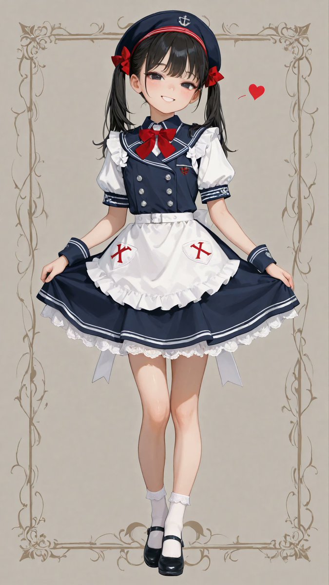 AliceLavli's tweet photo. セーラー風メイドドレスの衣装プロンプトをどうぞ✨
Navy blue sailor inspired pinafore dress with a fitted double breasted bodice, small silver buttons, broad shoulder straps, a heart shaped silver buckle at the waist, crisp white puff sleeve blouse with a high collar and lace trimmed cuffs, bright red neck bow with long pointed tails, pale blue gray gathered apron panel with a ruffled edge and a red heart applique, short flared navy skirt with white floral embroidery along the hem and a layered white lace petticoat, navy cuffs with thin red piping and tiny red bow accents, dark navy beret with a vivid red band and small white embroidered emblem, white ankle socks with scalloped lace tops, glossy navy Mary Jane shoes with rounded toes and narrow straps