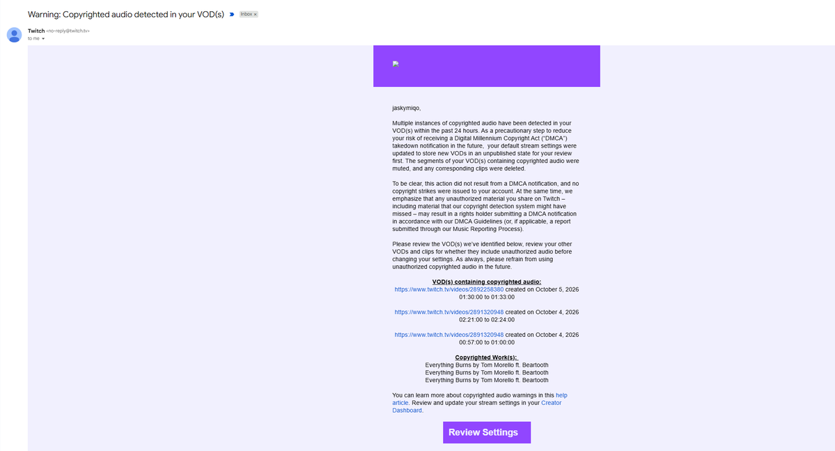 jhojasky's tweet photo. @TwitchSupport @Twitch @FF_XIV_EN Question..Everything burns is a Soundtrack from a Raid Series in FF14. And I received this Email. So I have to mute my entire stream while Progging? Is that it? It is playing while we are fighting the Boss.

How do others deal with this?
#ff14 https://t.co/ET2x9Q88VP