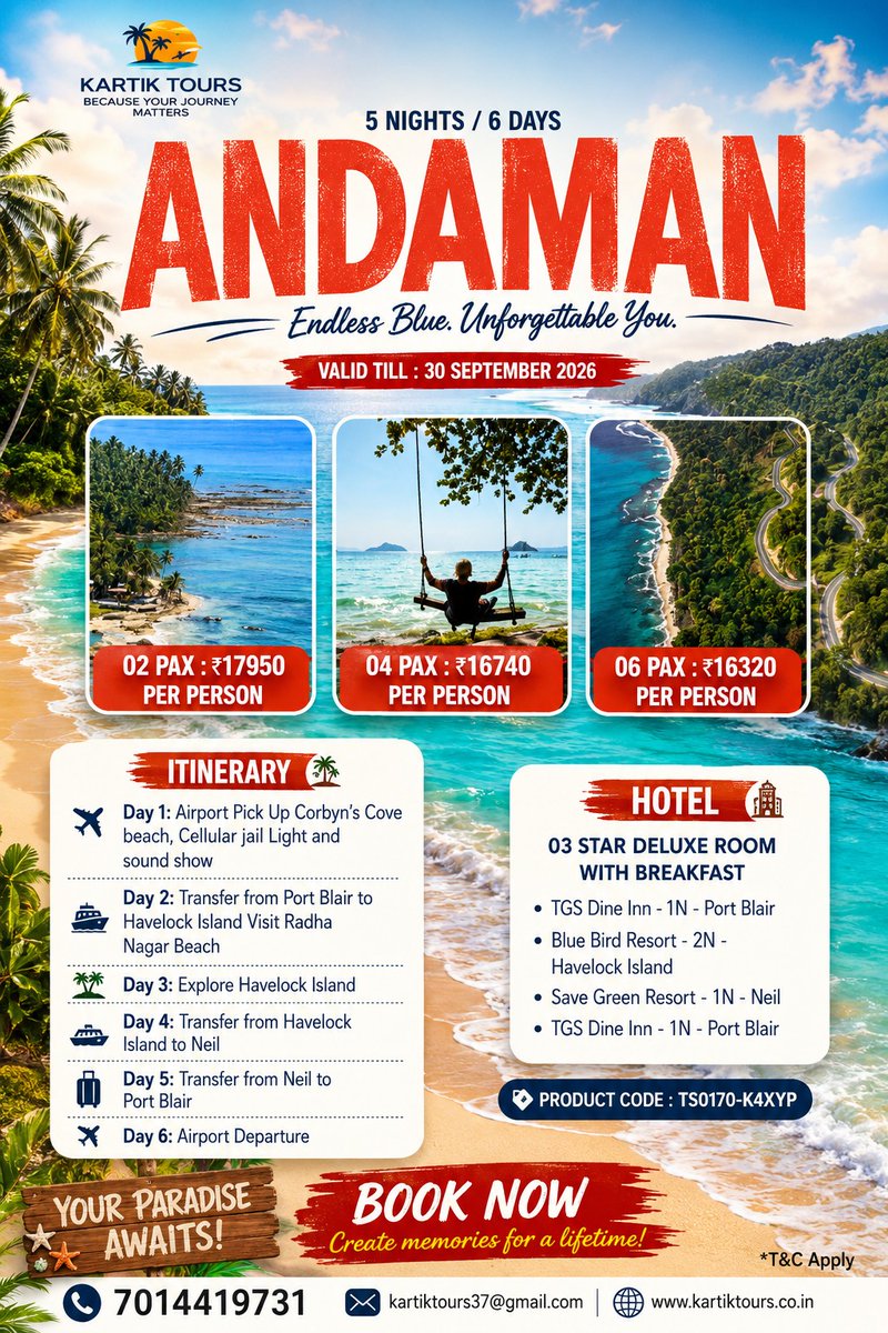 LilleStille's tweet photo. Andaman Tour Package: 5 Nights / 6 Days

Explore Port Blair, Havelock and Neil Island with airport transfers, breakfast, sightseeing and island transfers. Starting from ₹16, 320 per person. Valid till 30 September 2026. https://t.co/yCuGaiBr9p