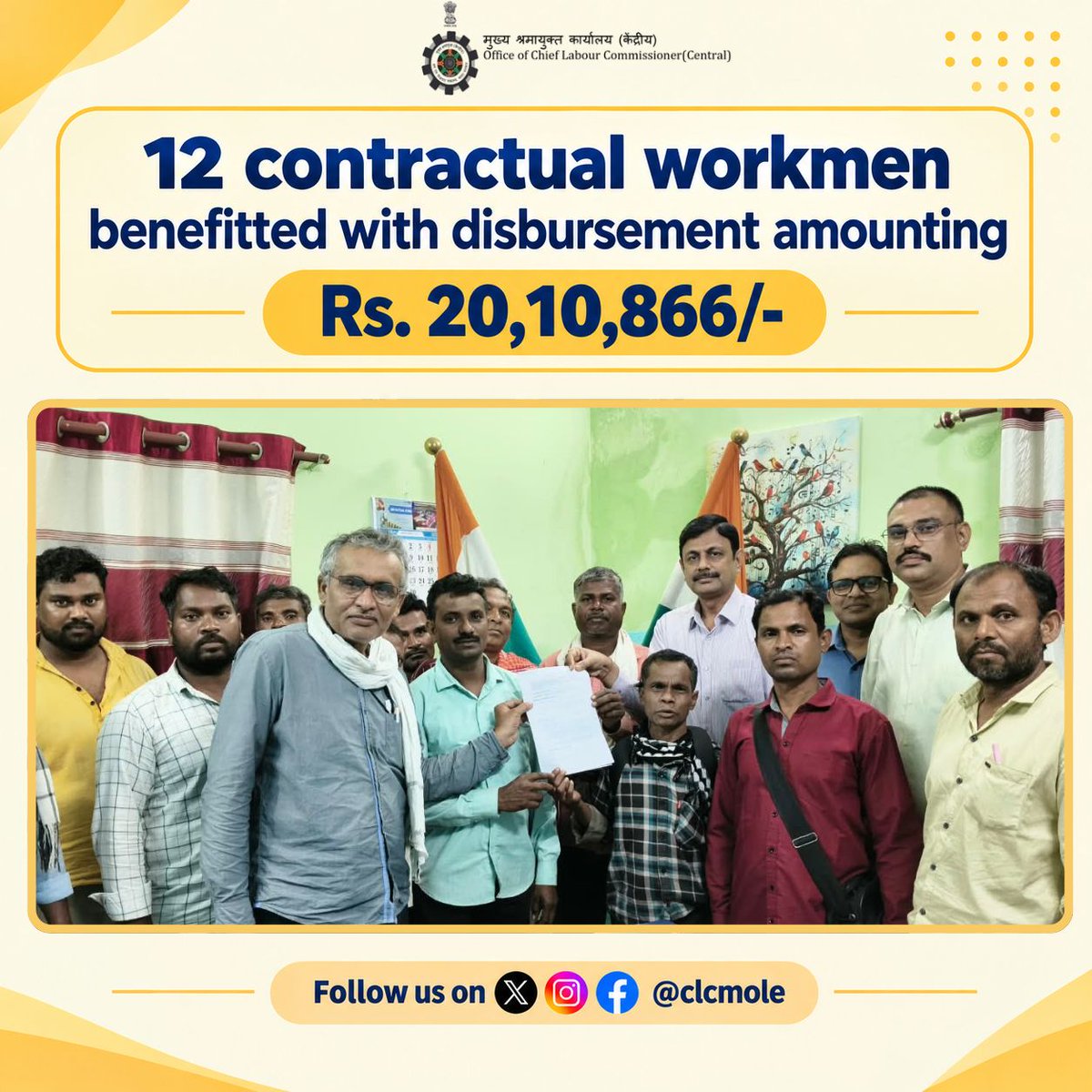 CLCMOLE's tweet photo. With sincere efforts of RLC(C), Raipur, ₹20.10 lakh was disbursed to 12 contractual workmen following a settlement, securing their full &amp; final dues. https://t.co/7kO1rDIqaG