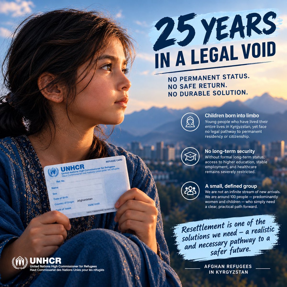 afghan_rf's tweet photo. ๐ฐ๐ฌ 25+ YEARS IN A LEGAL TRAP: TRAPPED BETWEEN INSTITUTIONAL INACTION AND REFUSALS
For over a quarter-century, ~100 #UNHCR-mandate Afghan refugees (predominantly vulnerable women & children) in #KYRGYZSTAN have been left in complete legal limbo.
The absurdity of the situation is clear:
๐น Arbitrary Refusals: National authorities denied state refugee status and residence permits without clear or legally justified grounds, exhausting judicial options up to the Supreme Court.
๐น UNHCR Mandate Recognition: Following a thorough, independent review of our cases, UNHCR concluded that national denials were completely ungrounded and officially placed us under international mandate protection.
๐น Systemic Non-Recognition & Deadlock: Despite this official recognition, host state institutions refuse to acknowledge UNHCR mandate status, leaving families without basic rights, work permits, or legal security.
๐น Caught in the Middle: We are trapped between unjustified state-level refusals and international agencies that offer monitoring instead of active resettlement.
We do not ask for impossible integration where it has been systematically blocked for decades.
๐ฆ๐บ๐จ๐ฆ๐ฌ๐ง๐บ๐ธ RESETTLEMENT IS THE ONLY LOGICAL STEP
When local pathways are arbitrarily closed and return is unsafe, third-country resettlement is not just an option โ it is the only viable, humane solution.
๐ OUR DEMANDS FOR THE UPCOMING 2027 UNHCR STRATEGY:
1๏ธโฃ DROP "LOCAL INTEGRATION" from all strategy frameworks for this community โ decades of ungrounded refusals have proven this approach a failure.
2๏ธโฃ OFFICIALLY PRIORITIZE THIRD-COUNTRY RESETTLEMENT in the 2027 Strategy and refer these ~100 verified cases to donor countries immediately.
3๏ธโฃ ESTABLISH CLEAR TIMELINES: We demand that @UNHCR_Cent_Asia and UN Resident Coordinator #BrianWilliams stop using temporary monitoring and commit to a concrete roadmap for our group.
๐ฐ๐ฌ OUR DIRECT APPEAL TO KYRGYZ AUTHORITIES:
We urge President @sadyrzhaparovkg, MP @ElviraSur, and @MFA_Kyrgyzstan to actively facilitate diplomatic channels and cooperate with international partners to enable our resettlement rather than maintaining an unresolved deadlock.
Stop using temporary fixes for a 25-year-old human tragedy. We need action, clear timelines, and a secure future. ๐๏ธ
#Kyrgyzstan #AfghanRefugees #MandateRefugees #ResettlementNow #DurableSolutions #UNHCR #RefugeeRights #HumanRights #CentralAsia #Bishkek #ThirdCountryResettlement
Cc:
@sadyrzhaparovkg @ElviraSur @MFA_Kyrgyzstan @Refugees @UNHCR_Cent_Asia @UNHumanRights @un_kyrgyzstan @antonioguterres @USEmbassyKG @StateDept @StatePRM @CanadaDev @randeepssarai @ukhomeoffice @ShabanaMahmood @FCDOGovUK @UKMissionGeneva @ukinkyrgyzstan @AlboMP @ausgov @dfat @MFATNZ @NewZealandMFA @IOMchief @UNmigration @hrw @AmnestyEECA @amnesty @BarhamSalih @CitImmCanada @IRAP @JFCrisp @AishaWahab @MAshrafHaidari @UN_Spokesperson โ @UN_SPExperts @NRC_Norway @CitImmCanada @HIASrefugees @RefugeesIntl โ