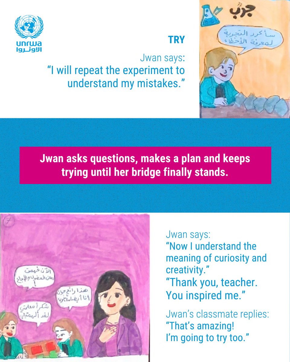 UNRWA's tweet photo. On World #TeachersDay, UNRWA Director of Education Julia Dicum amplifies the message shared by UNRWA student Jwan to all UNRWA teachers: 

“Thank you for helping us to ask questions. 
Thank you for encouraging us to think. 
Thank you for giving us the confidence to try again.” 

Despite immense challenges, UNRWA teachers, instructors, and professors continue to create opportunities and foster the creativity of #Palestine Refugee children and youth.